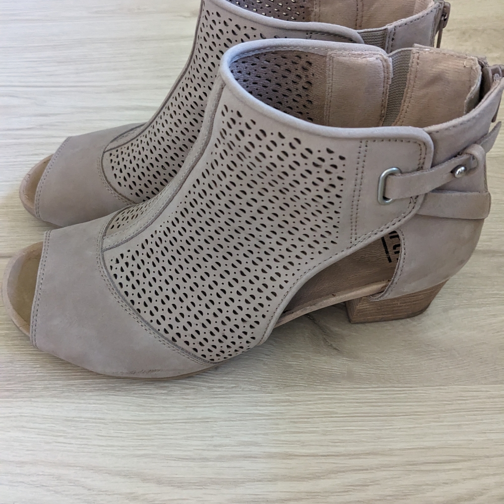 Beige Suede Peep-Toe Ankle Booties